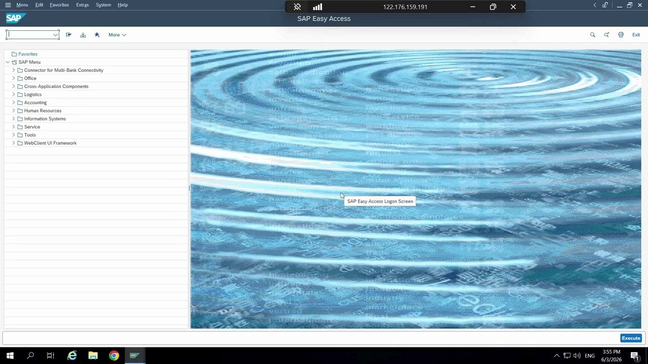 SAP Easy Access screen with the navigation menu and background image visible. No actions taken yet.