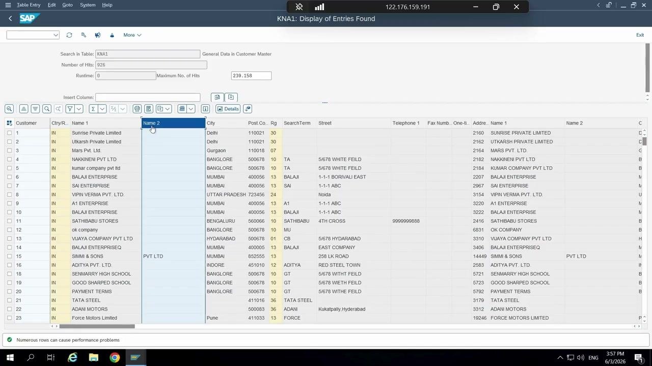 General Table Display screen with the 'Number of Entries' button highlighted, filter set to 'IN', and table KNA1 selected.