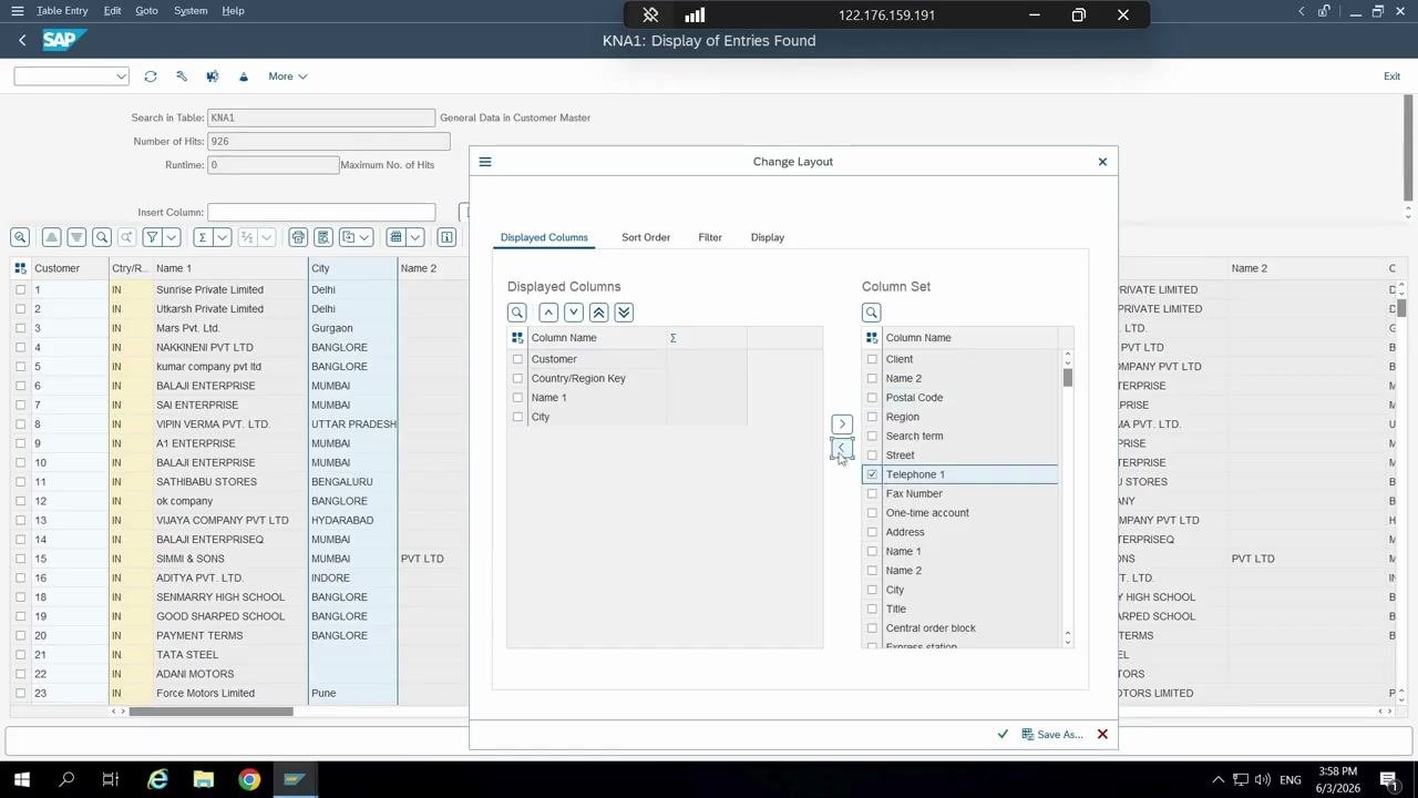 Change Layout dialog showing only Customer, Country/Region Key, Name 1, City, and Telephone 1 in Displayed Columns.