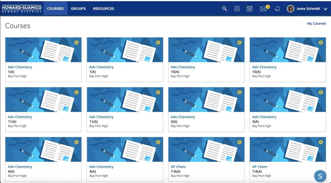 Schoology dashboard displaying several chemistry courses listed under "Courses" for Bay Port High, with the user's name shown in the top right corner.