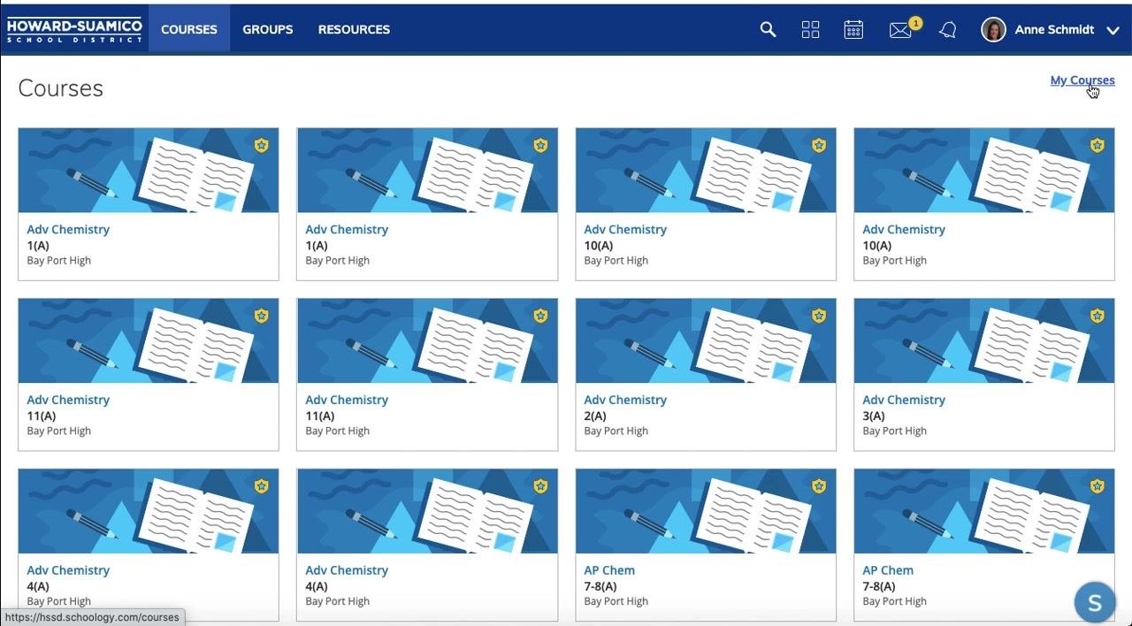 Schoology dashboard with the "My Courses" link highlighted in the upper right corner, showing multiple chemistry courses.