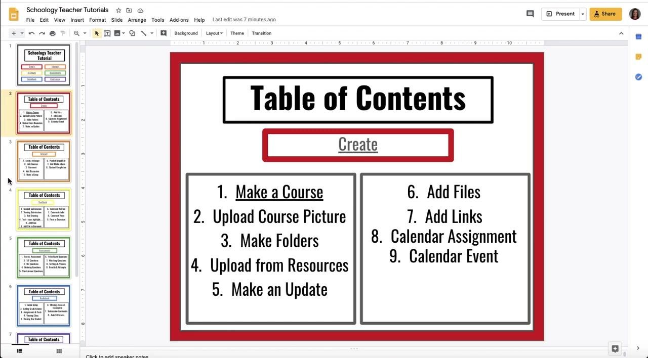 Google Slides landing page for the Schoology Teacher Tutorial, showing six colored topic buttons and a slide sidebar.