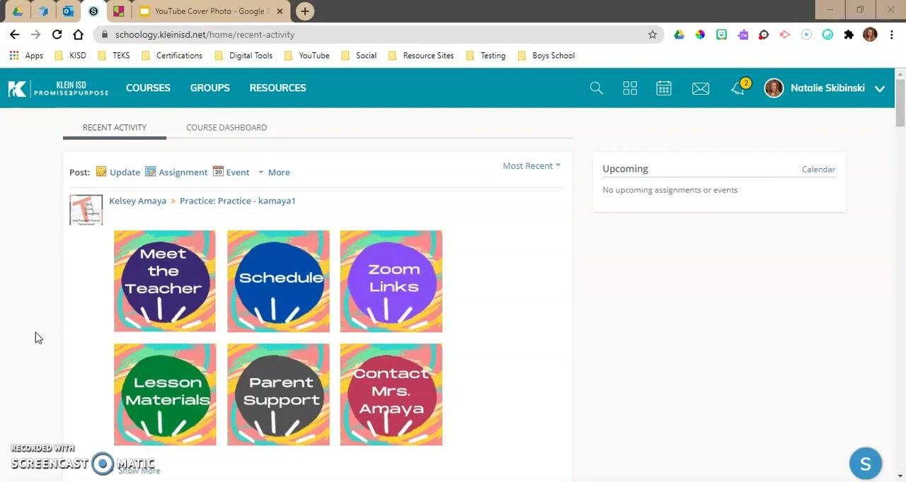 Schoology Recent Activity tab with colorful resource buttons and no upcoming assignments listed