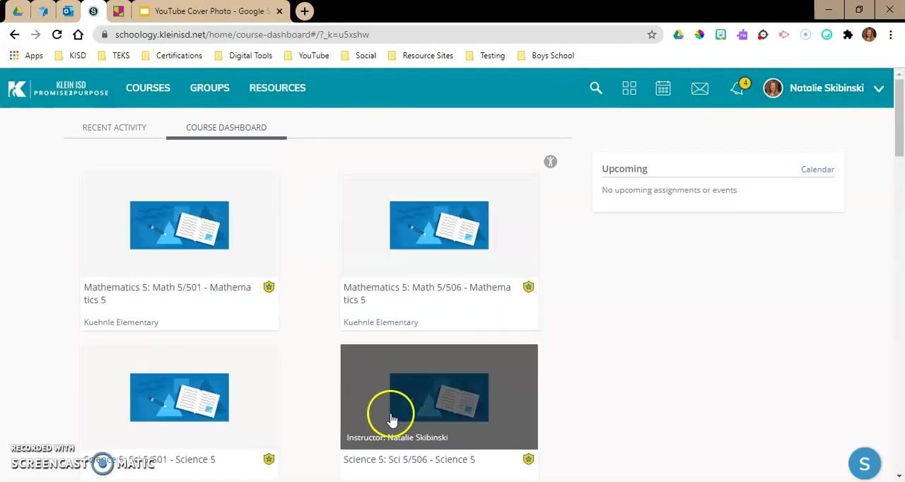 Schoology Course Dashboard displaying course tiles for Mathematics, Science, and Social Studies, each labeled with section numbers and instructor name