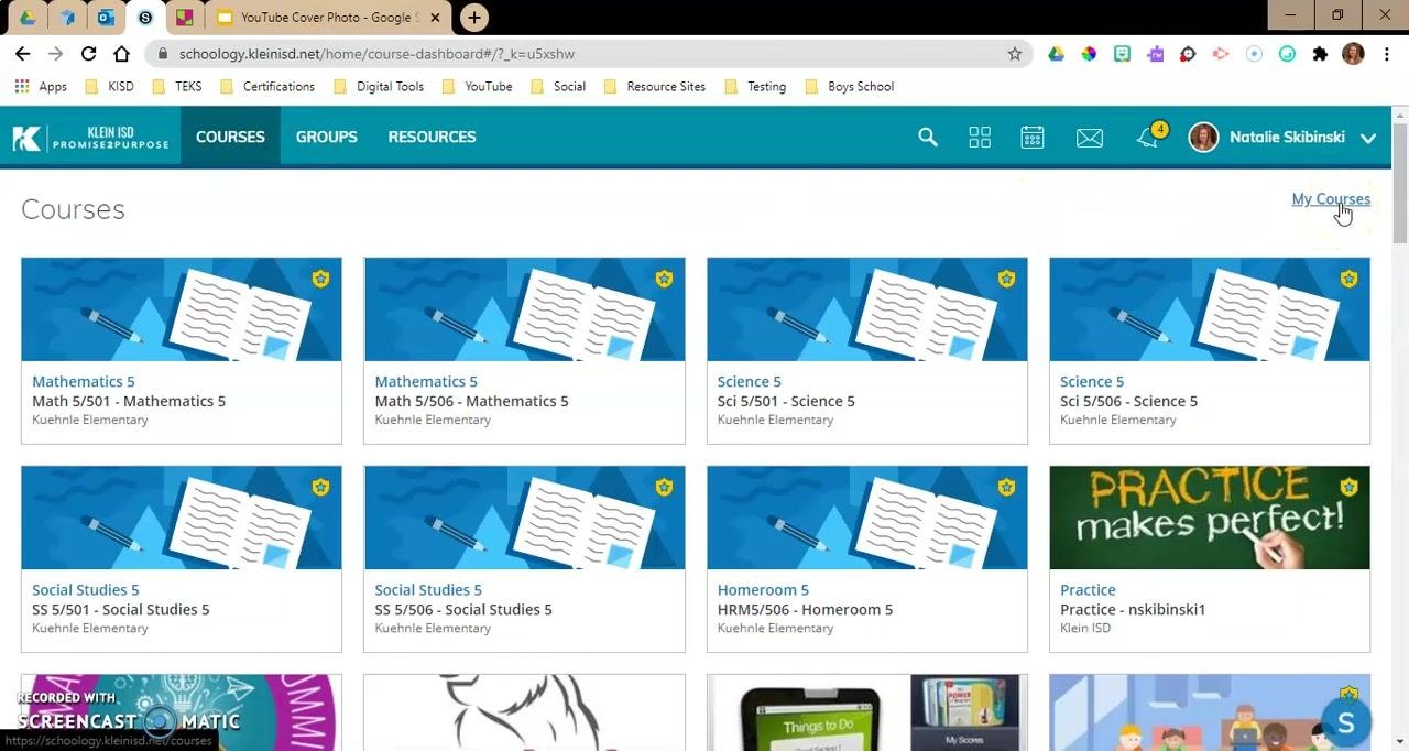 Schoology "My Courses" page listing courses with gear icons next to admin courses