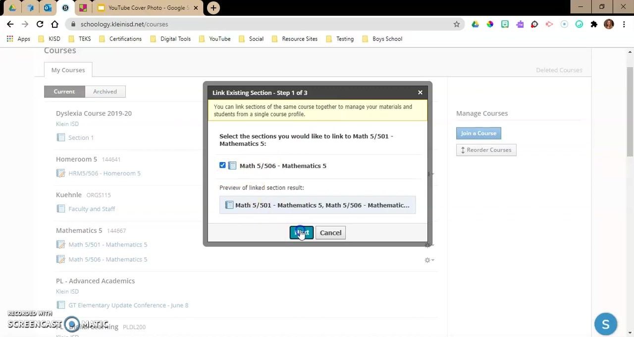 Dialog box for selecting sections to link, with Math 5/506 checked and the "Next" button highlighted