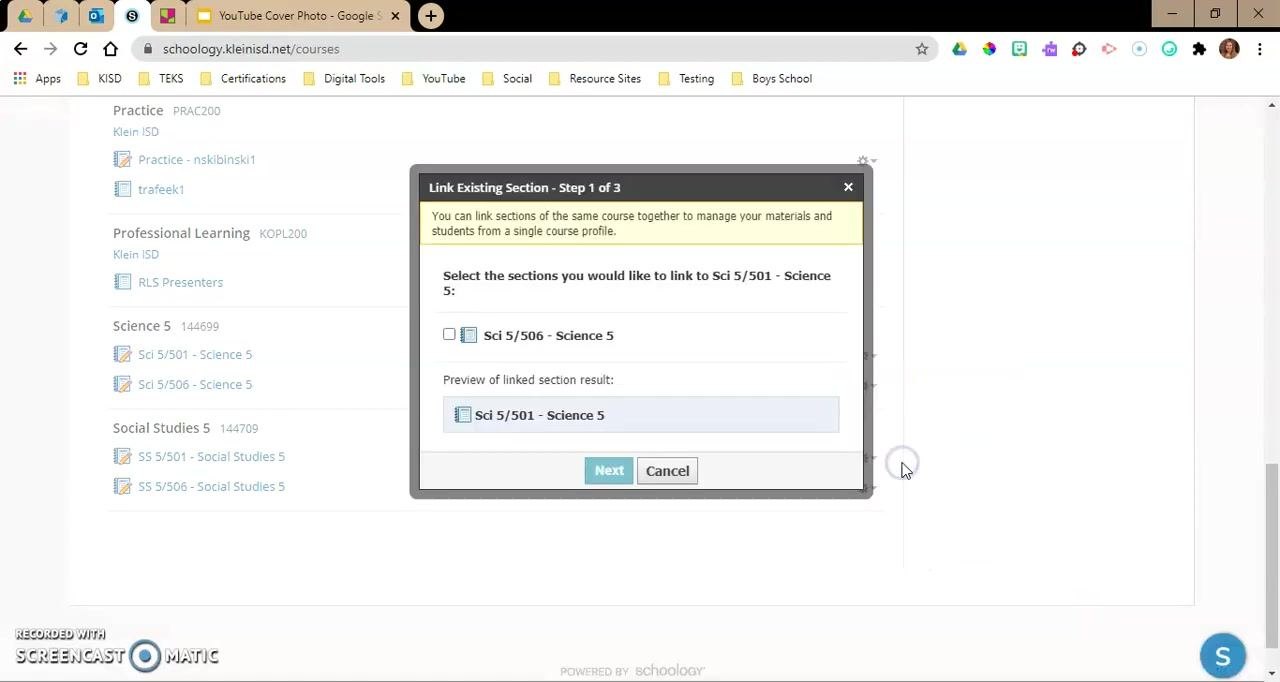 Schoology course list showing Math 5/501 and Math 5/506 now linked together as a single entry