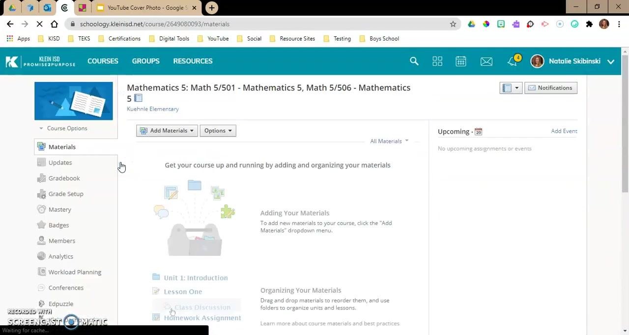 Schoology course page header showing "Mathematics 5: Math 5/501 - Mathematics 5, Math 5/506 - Mathematics 5," confirming the sections are linked, with a sidebar listing Materials, Updates, and Gradebook
