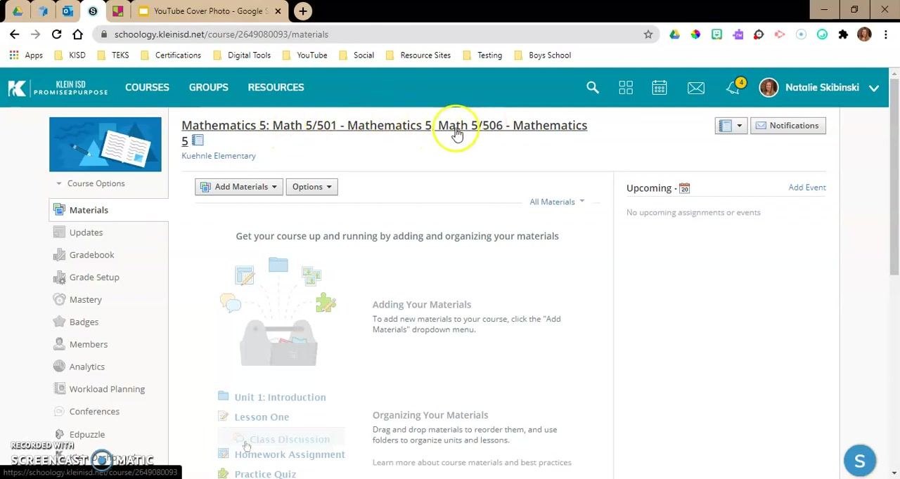 Schoology materials page for linked sections, showing the Add Materials button, course sidebar, and sample units and assignments