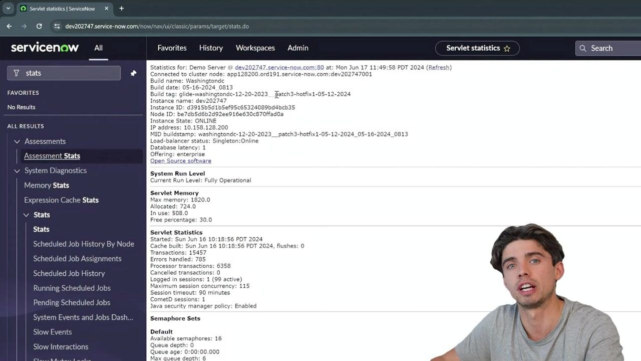 ServiceNow interface with an overlay showing the URL format "<instance-name>.service-now.com/stats.do" for direct access to the stats page.