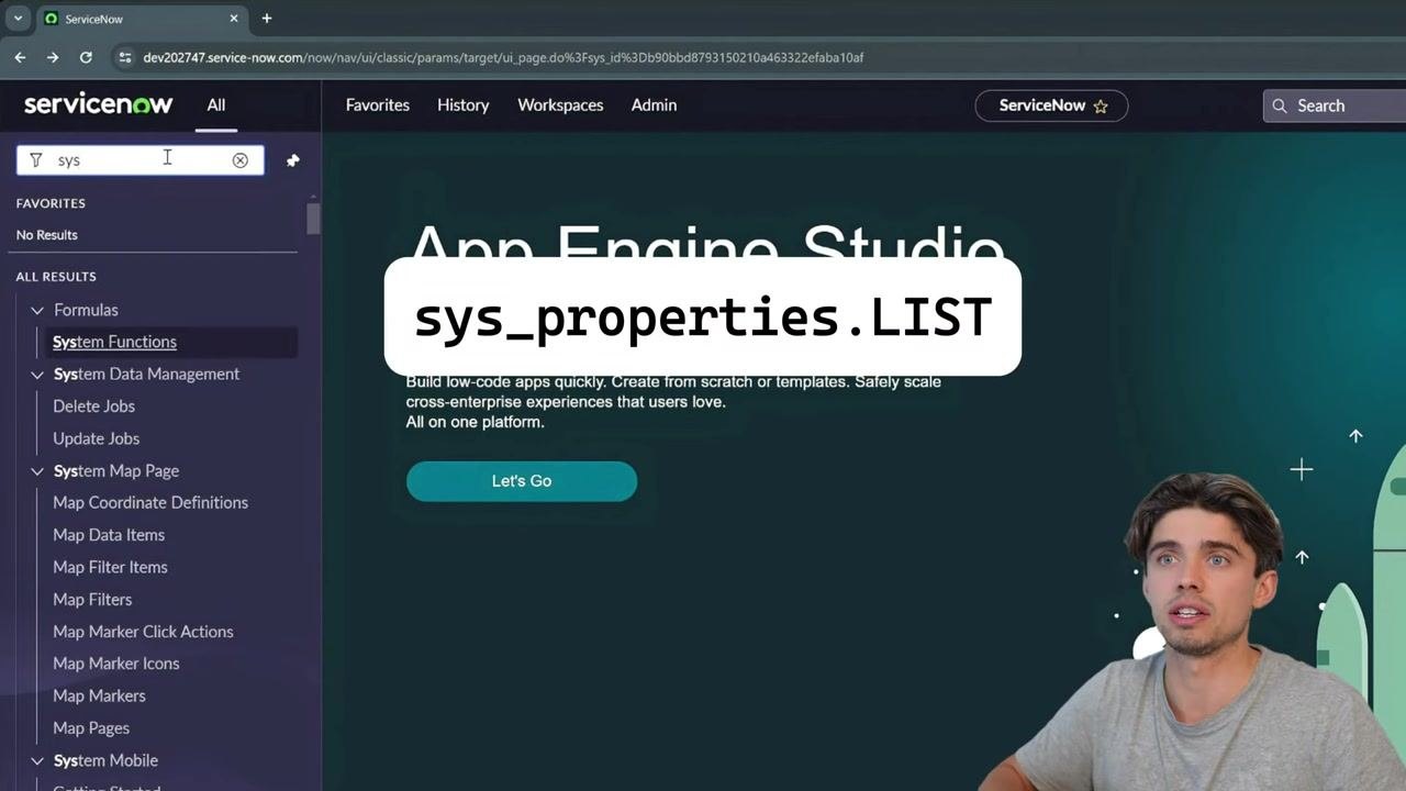 System Properties list filtered to show "glide.security.diag_txns_acl" with value "true," type "true|false," application "Global," and a truncated description confirming admin-only access.