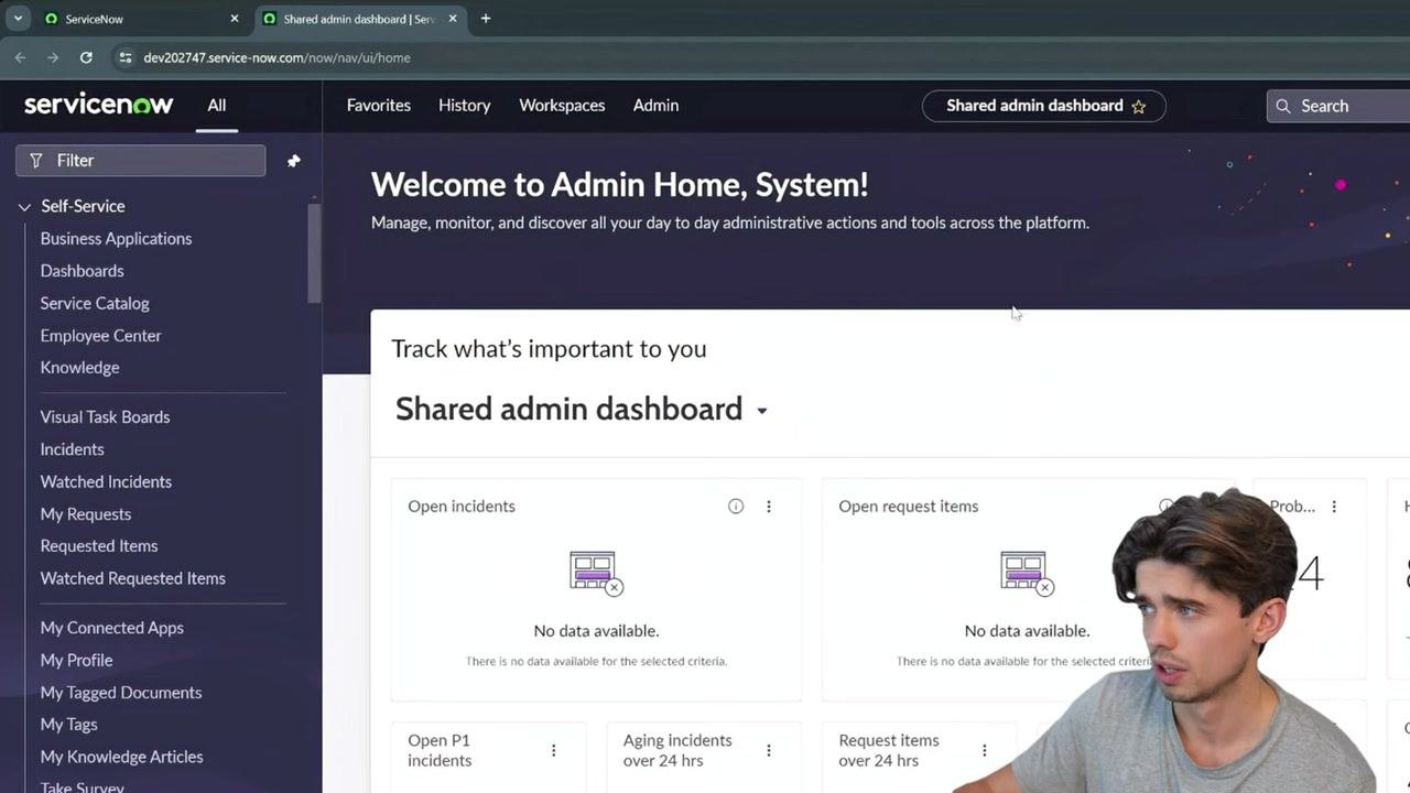 ServiceNow interface showing the Application Navigator filter box containing "ADMIN," with "Admin Center" and "Admin Home" visible in the results and the App Engine Studio dashboard in the background.