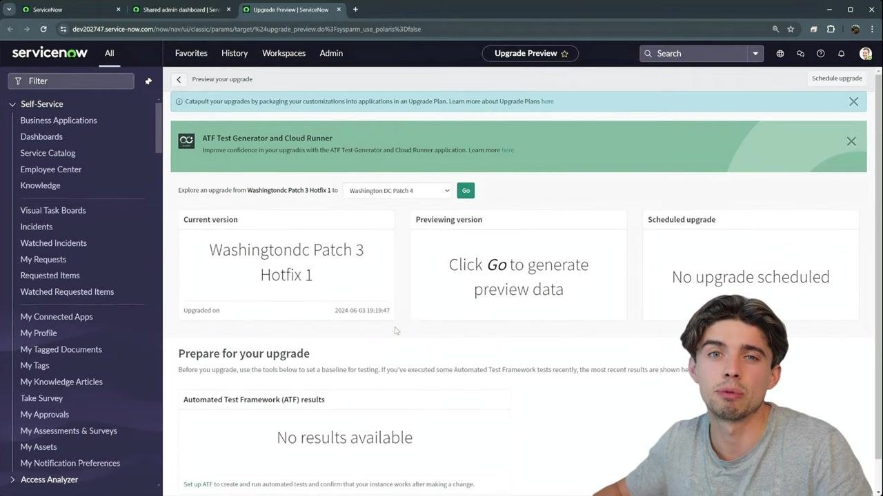 Admin Home dashboard showing the "Get information about your instance" widget with current version "Washingtondc," no upgrade scheduled, and a link to "Visit upgrade center."
