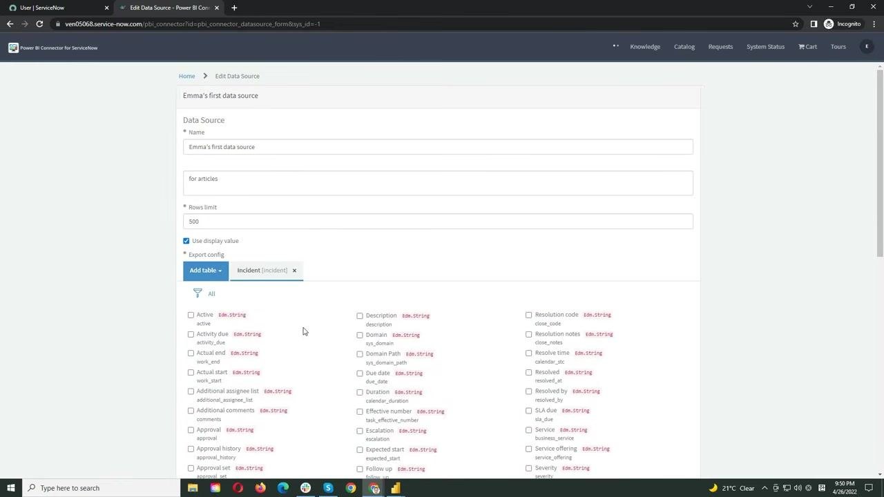 Field selection interface for the Incident table with several fields checked for export