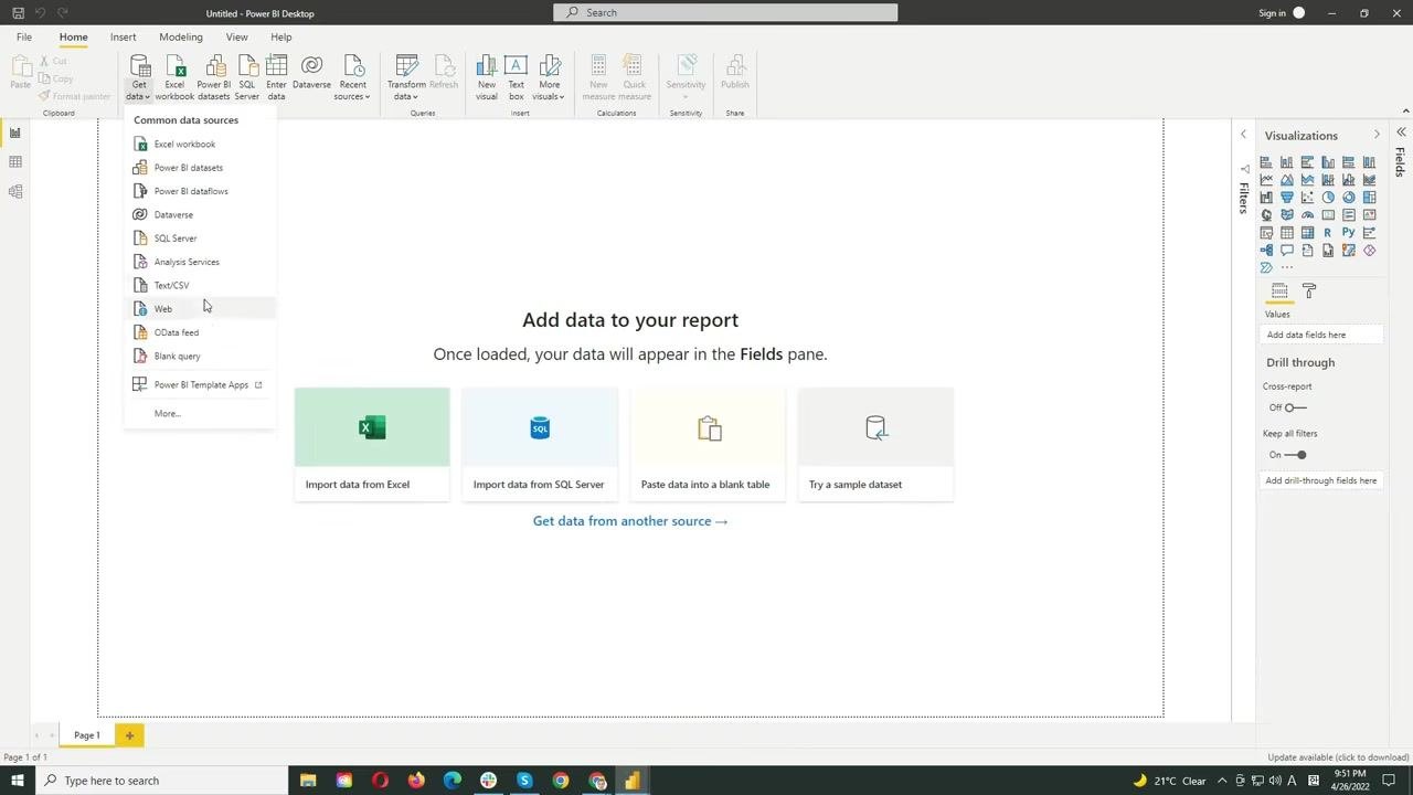 Power BI Connector for ServiceNow interface showing data source configuration, with the Home link visible and the data feed URL accessible
