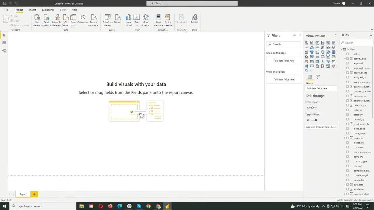 Power BI Desktop interface prompting the user to build visuals with data, showing the Visualizations and Fields panes