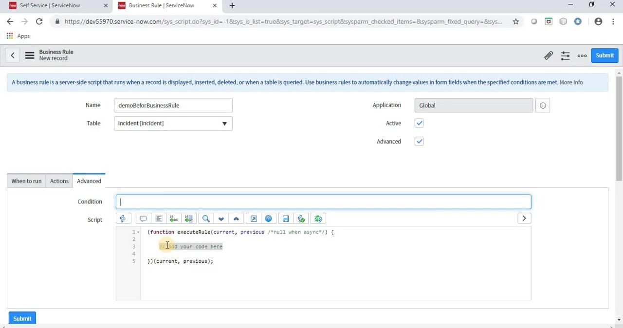 Slide listing two use cases: setting field values using scripting, and aborting the action by validating the field value
