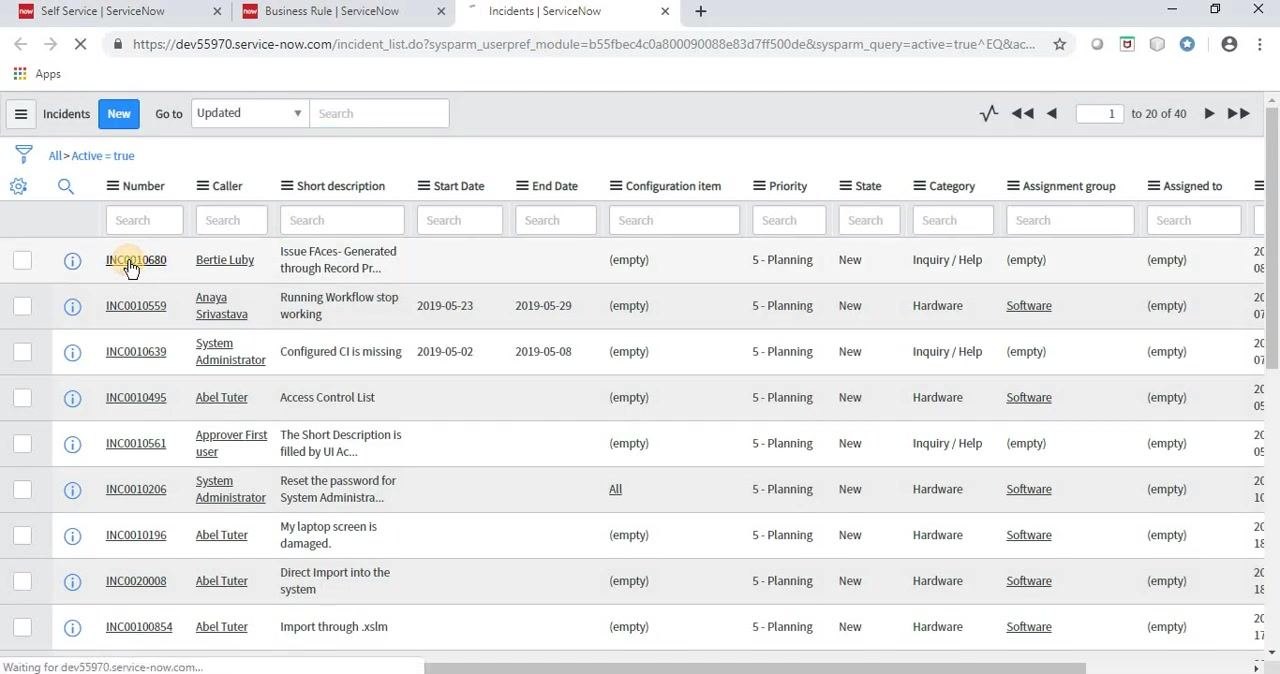ServiceNow Incidents list with incident INC0010680 highlighted, showing columns for Number, Caller, Short description, and other fields