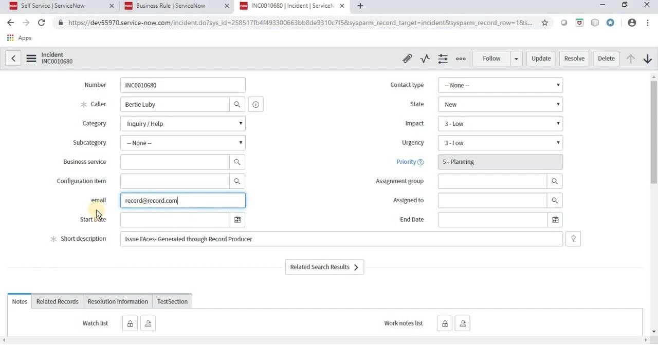 Cursor placed in the email field, with the value set to record@record.com