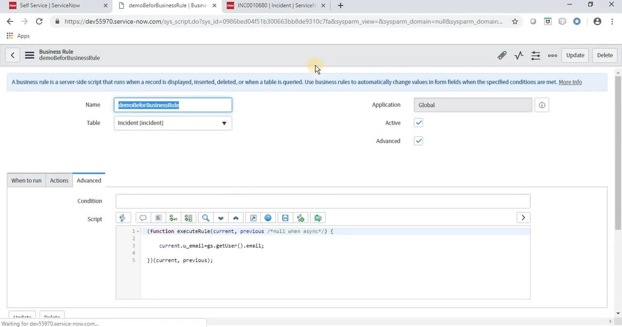 Business Rule editor showing the finalized script that sets current.u_email = gs.getUser().email for the Incident table, with Active and Advanced checked