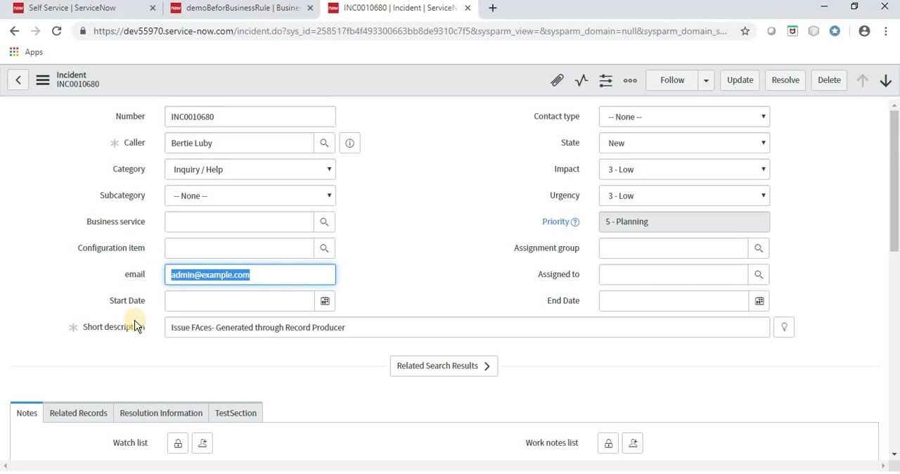 Incident record with the email field updated to admin@example.com after another refresh or save