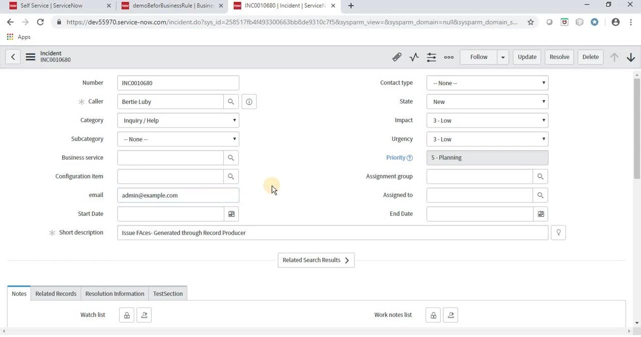Incident record with the email field showing admin@example.com, confirming the rule works for any prior value
