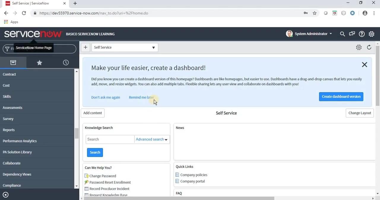 ServiceNow Personal Developer Instance home page showing the navigation menu, a dashboard prompt, and the user logged in as System Administrator