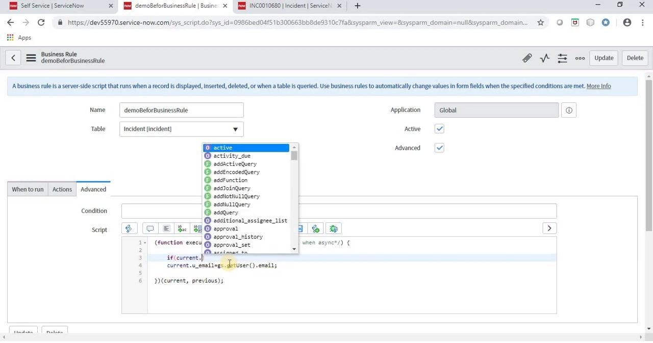 Incident record INC0010680 with the email field set to admin@example.com, ready for validation