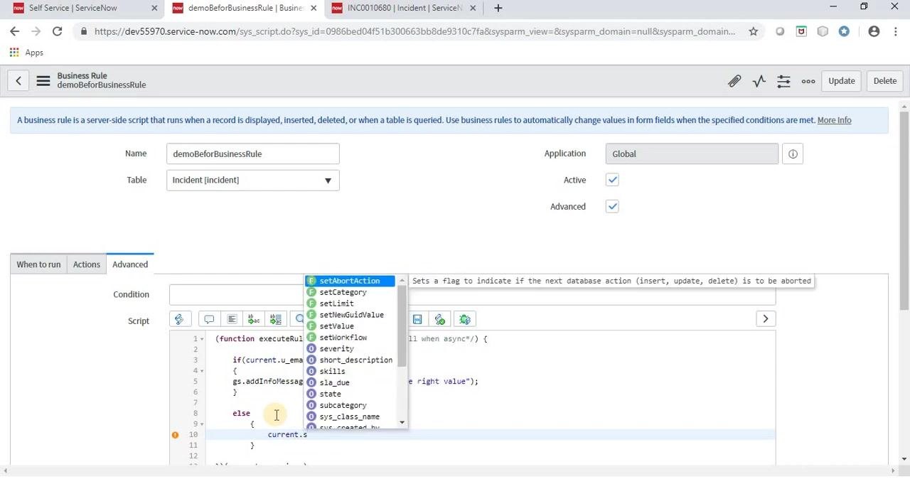 Business Rule editor with gs.addInfoMessage("You are submitting the right value") added inside the if block