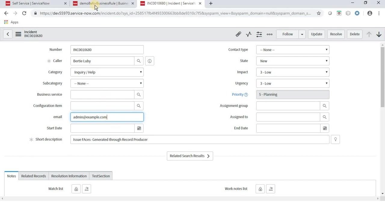 Incident record with the email field set to admin@example.com, ready for submission and validation