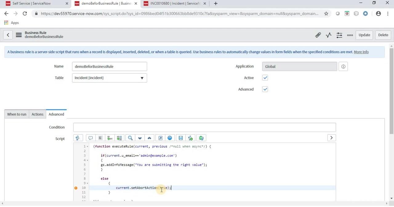 Business Rule editor showing the script with validation and abort logic, enforcing email validation