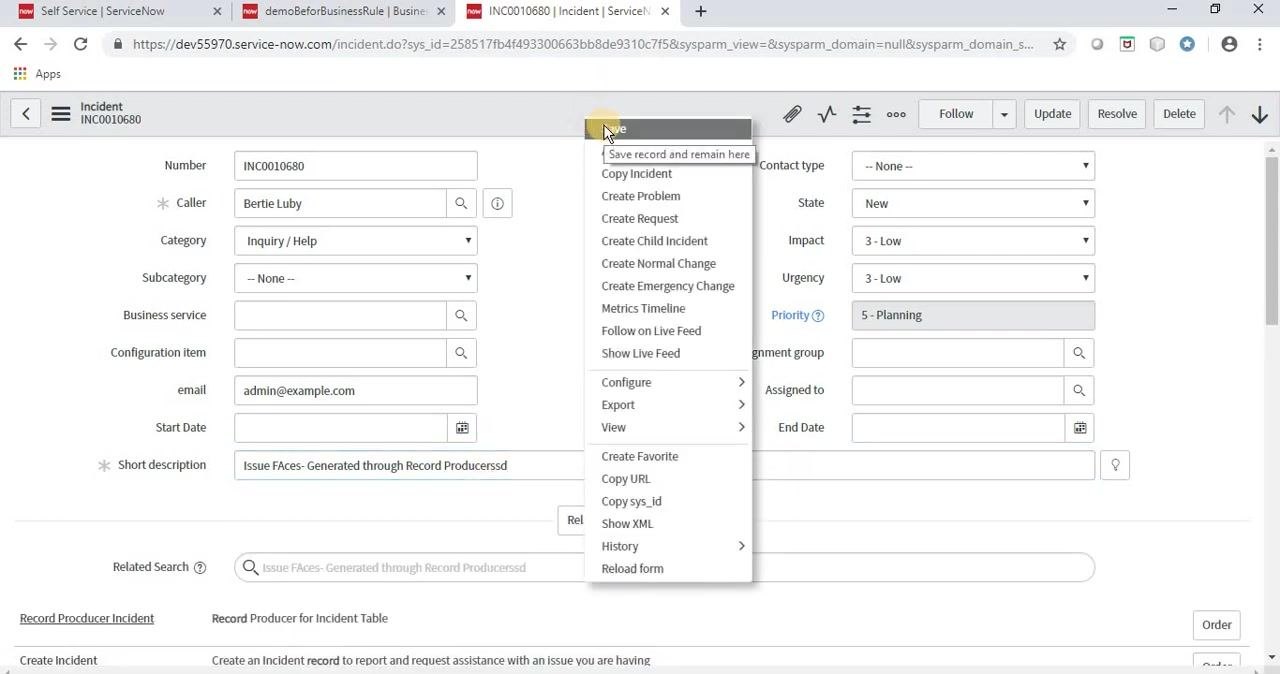 ServiceNow incident form with all fields visible, including the email field set to admin@example.com