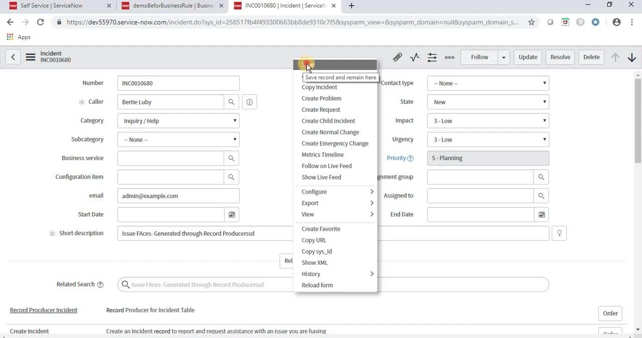 Dropdown menu open with Save record and remain here highlighted, and the email field modified
