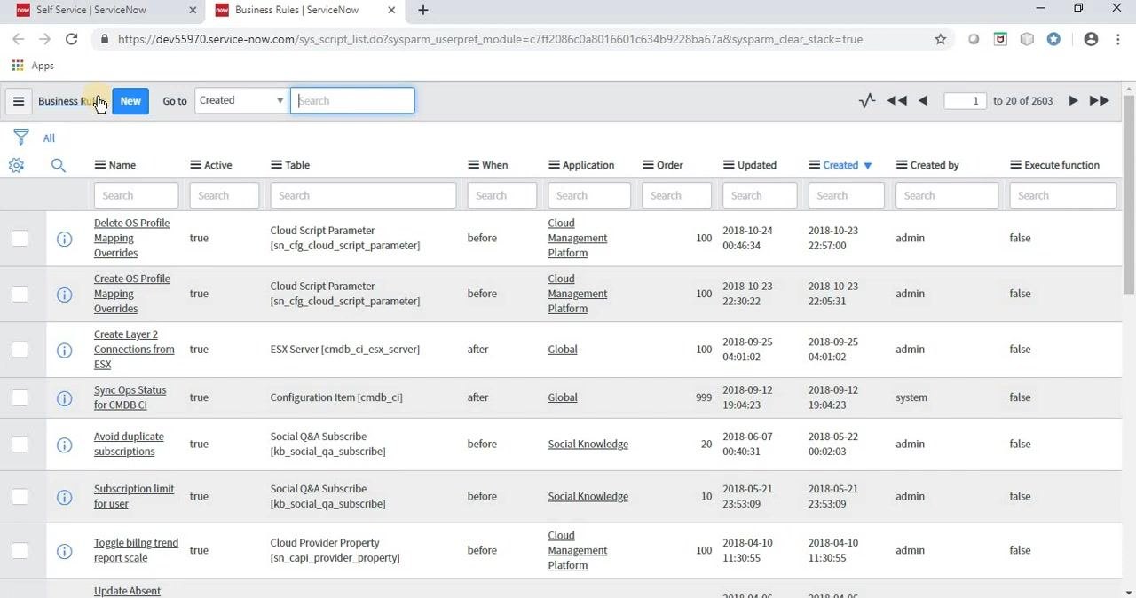 ServiceNow dashboard with "business rule" entered in the left navigation filter and the Business Rules option highlighted
