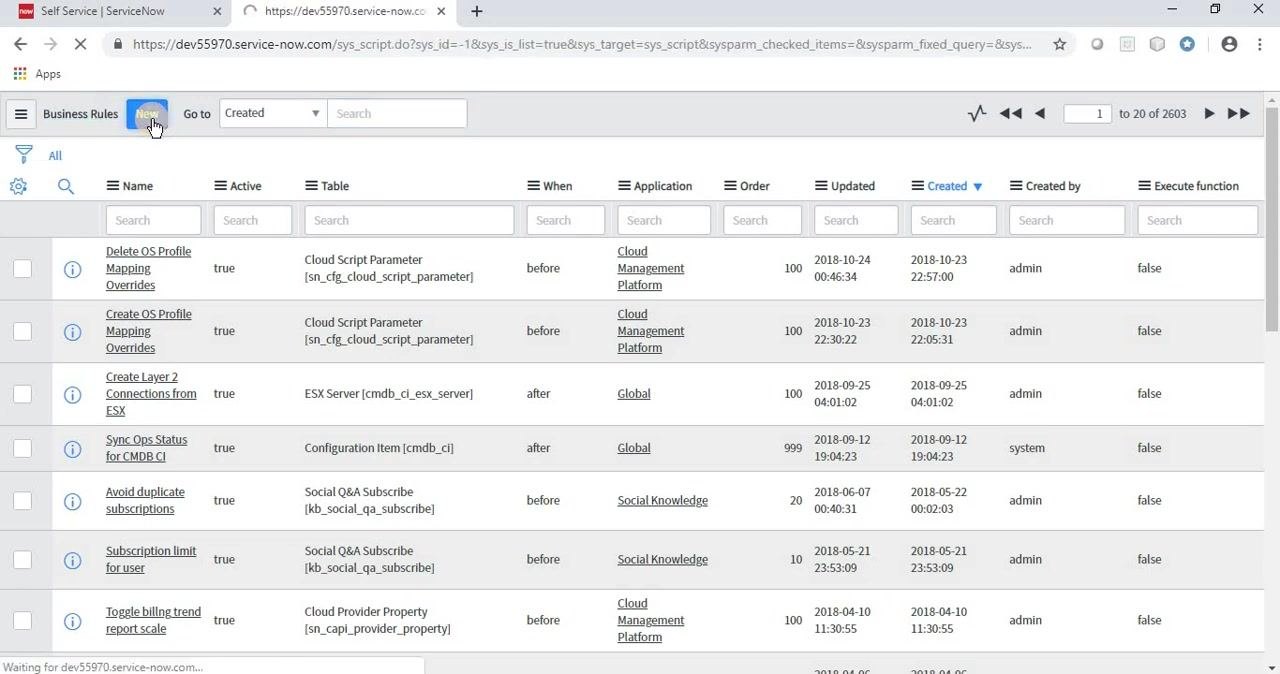 Business Rules list in ServiceNow with the New button highlighted