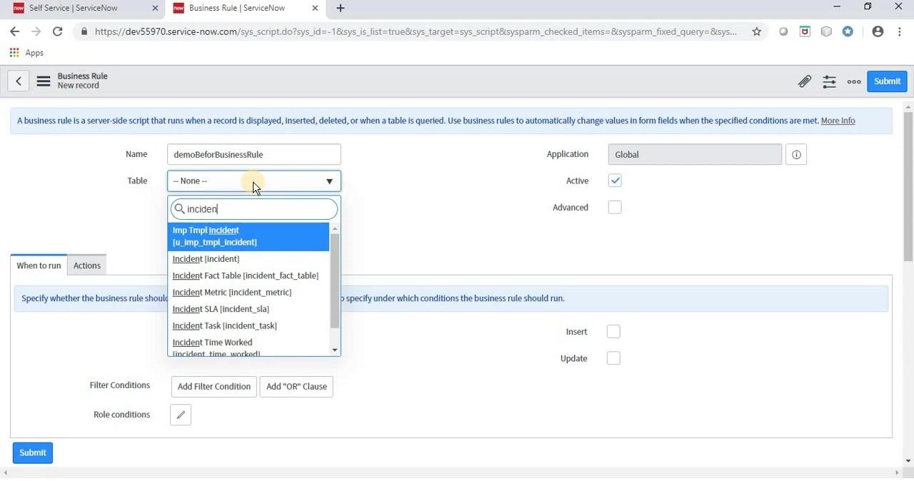 Business Rule form with the Advanced checkbox checked, revealing additional tabs and options