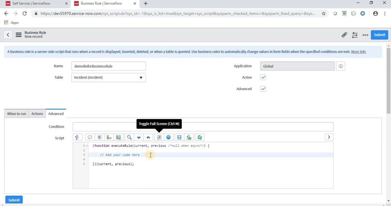 ServiceNow Business Rule form with the Update checkbox selected under execution triggers