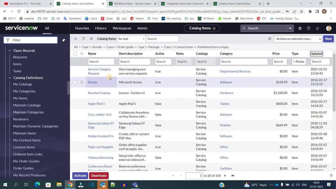 ServiceNow Catalog Item form, Pricing tab open, with Price set to $10.00 and the Recurring price frequency dropdown visible.