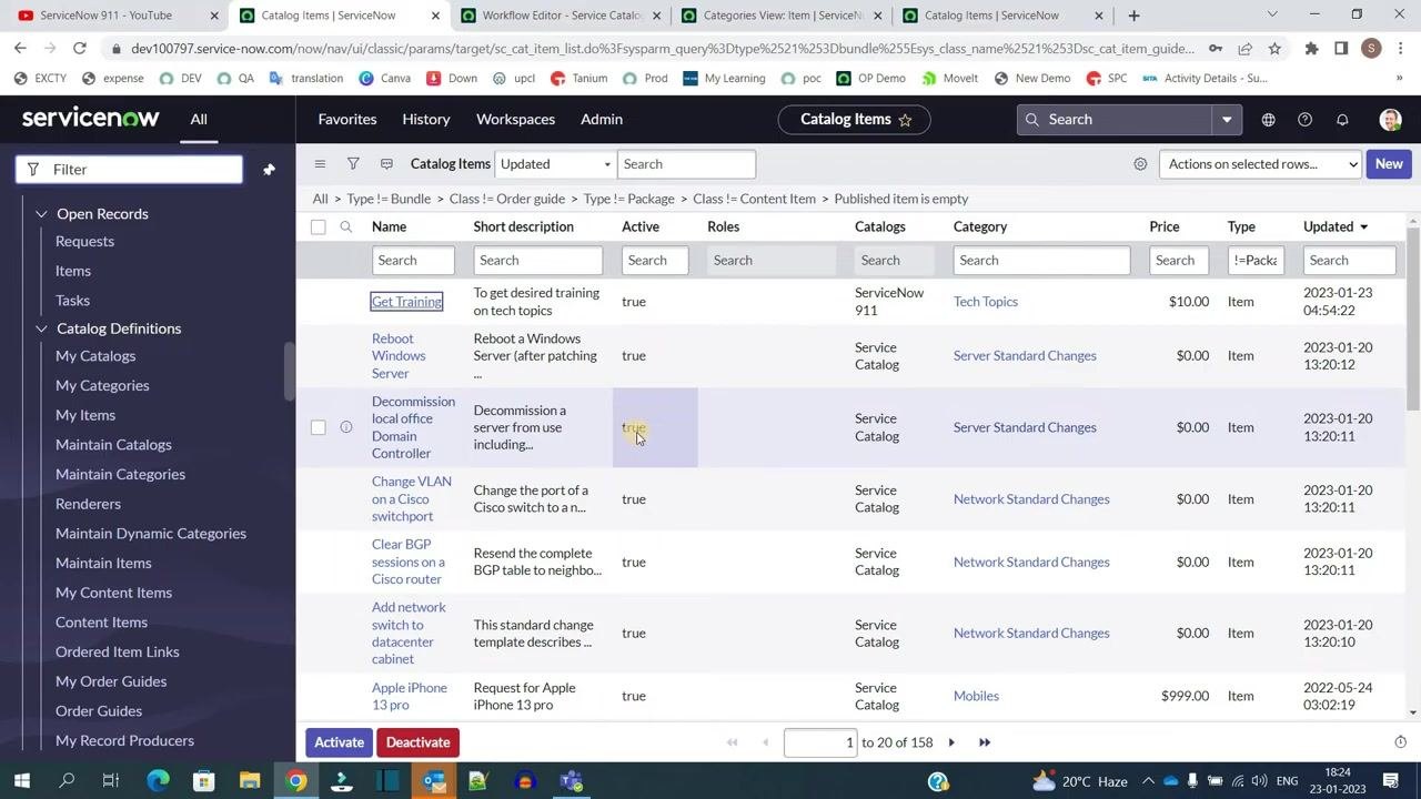 ServiceNow Catalog Items list showing the new item "Get Training" with its short description, active status, catalog, category, and price.