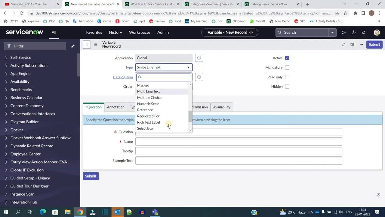 ServiceNow Variable - New Record form with the Type dropdown open, showing options such as Single Line Text, Masked, Multi Line Text, Multiple Choice, Numeric Scale, Reference, Requested For, Rich Text Label, and Select Box, along with the Active, Mandatory, Read only, Hidden, Question, Name, Tooltip, and Example Text fields.