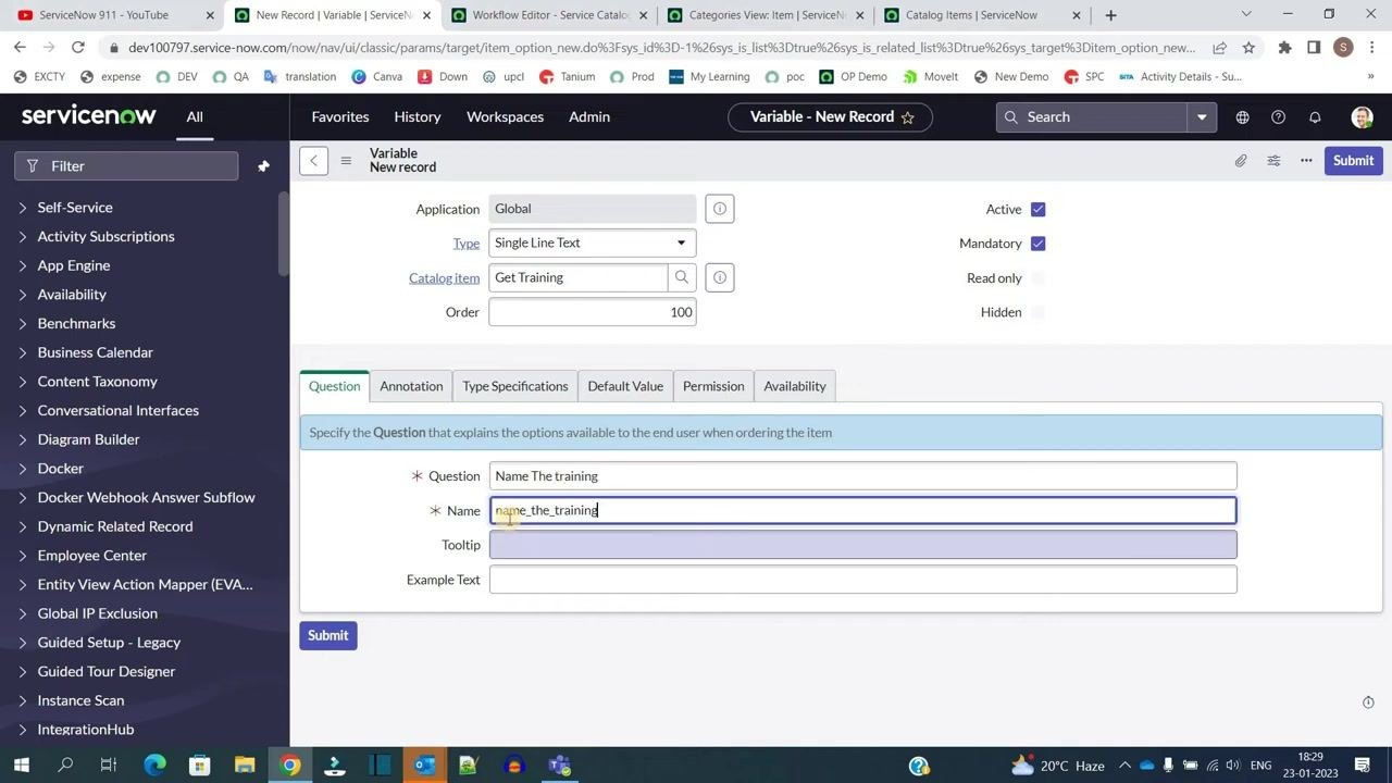 ServiceNow variable creation form with the Question and Name fields filled out, showing "Name The training" and "name_the_training".