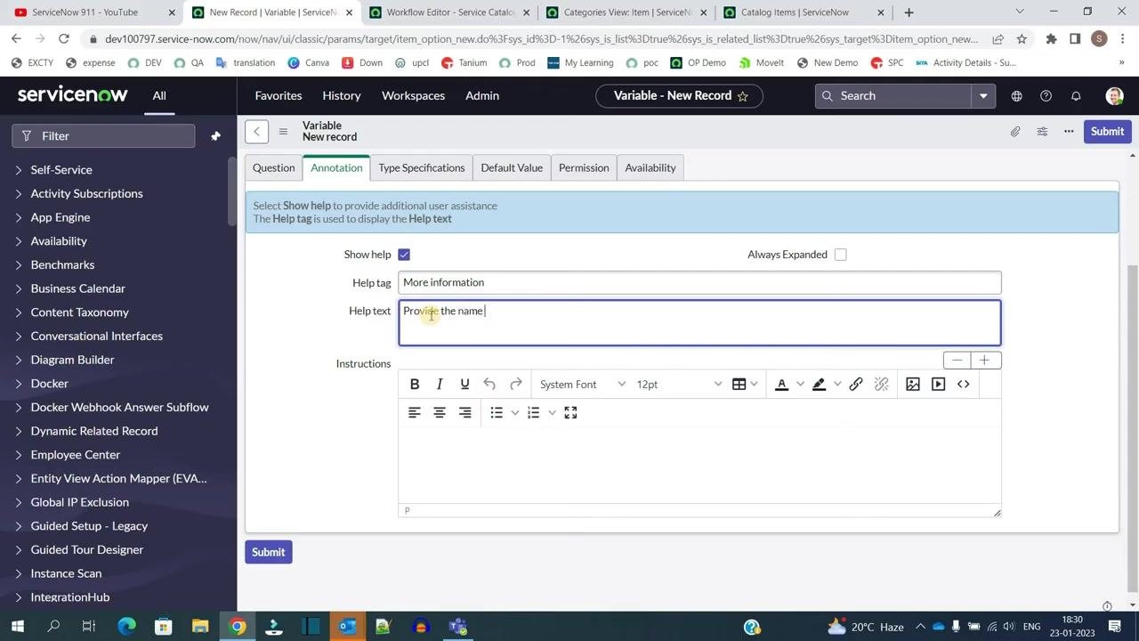Annotation tab open with Show help checked and "Provide the name" entered as the help text.