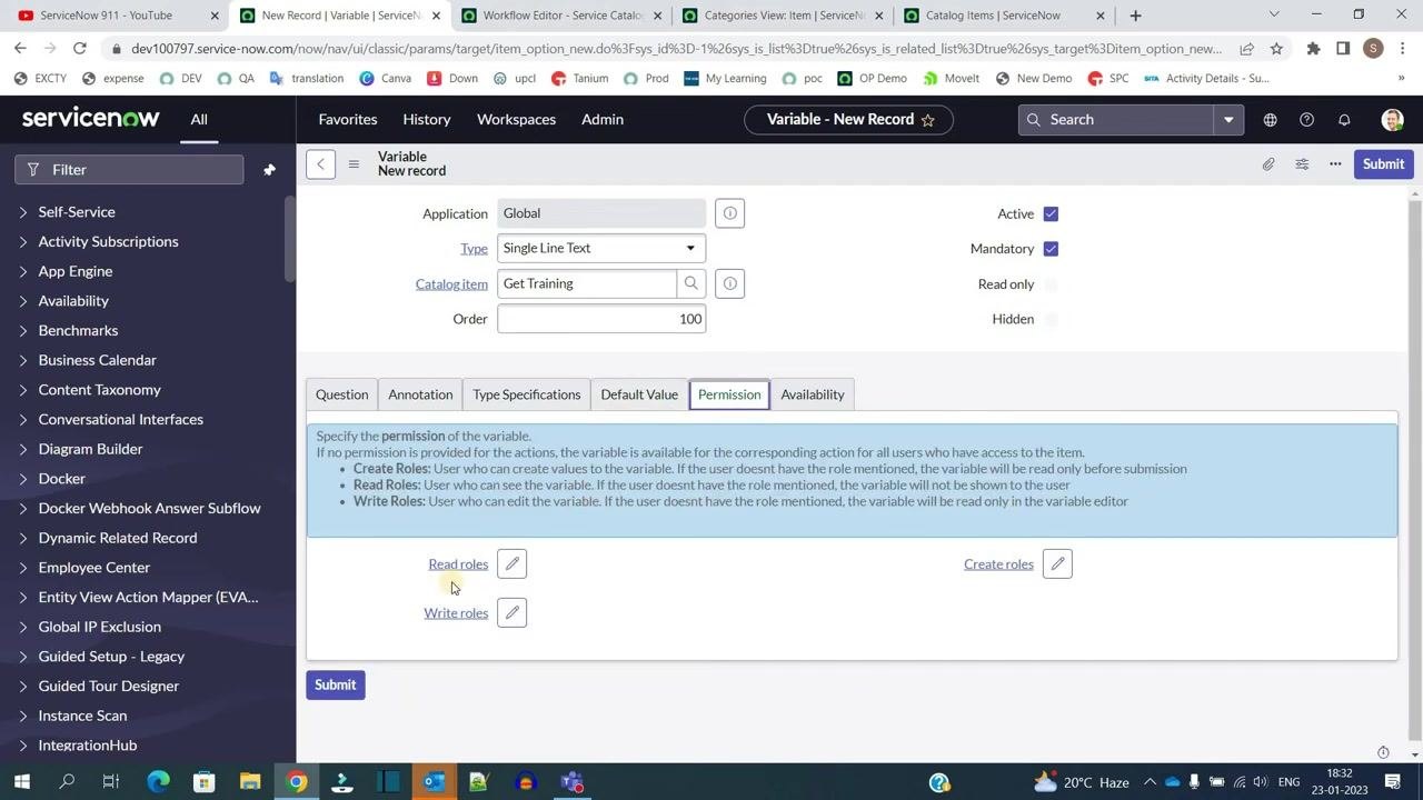 Permission tab open, showing fields for read, write, and create roles with explanatory text.