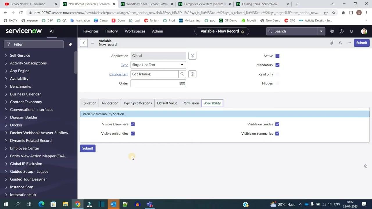 Availability tab open, with all visibility options checked.