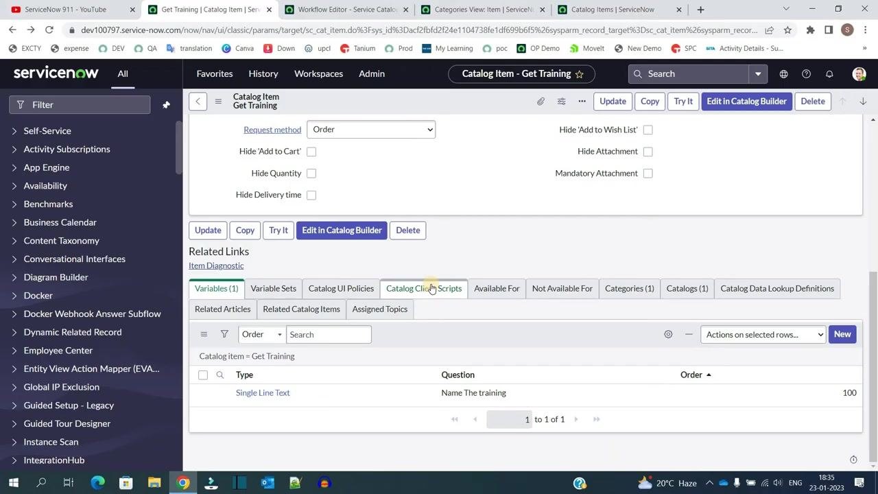 ServiceNow catalog item configuration screen showing all key fields and the variable listed at the bottom.
