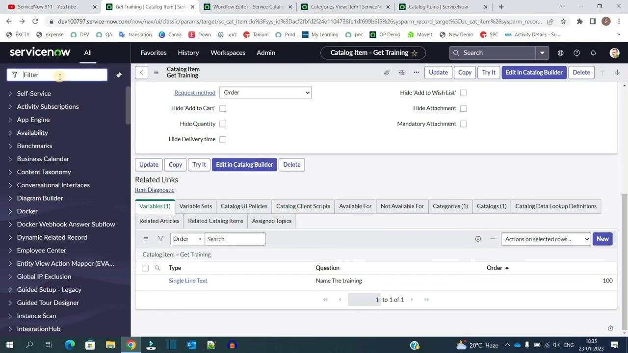 Catalogs overview showing "ServiceNow 911" with no category assigned.