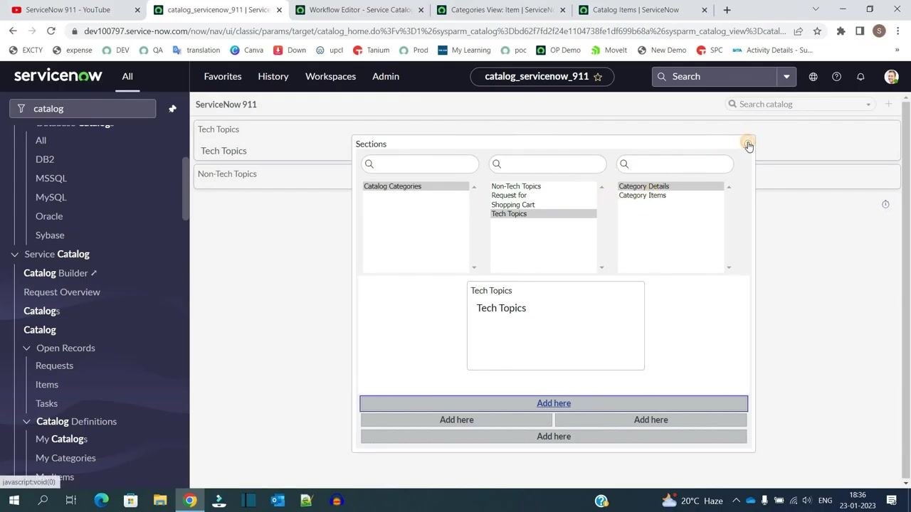 Assigning the Tech Topics category to the ServiceNow 911 catalog in the sections dialog.