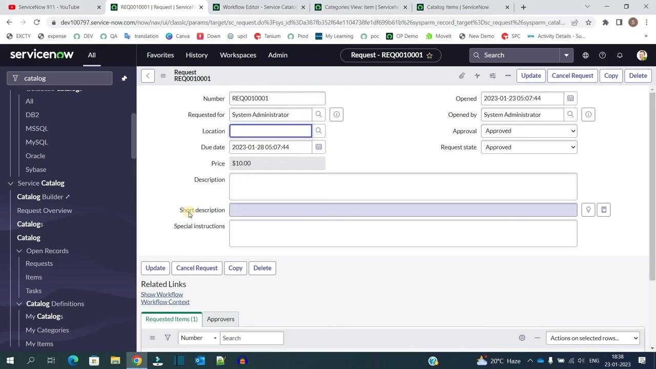 Catalog item form showing help text ("such as c, c++ etc") and sample input ("c++") for the variable "Name The training".