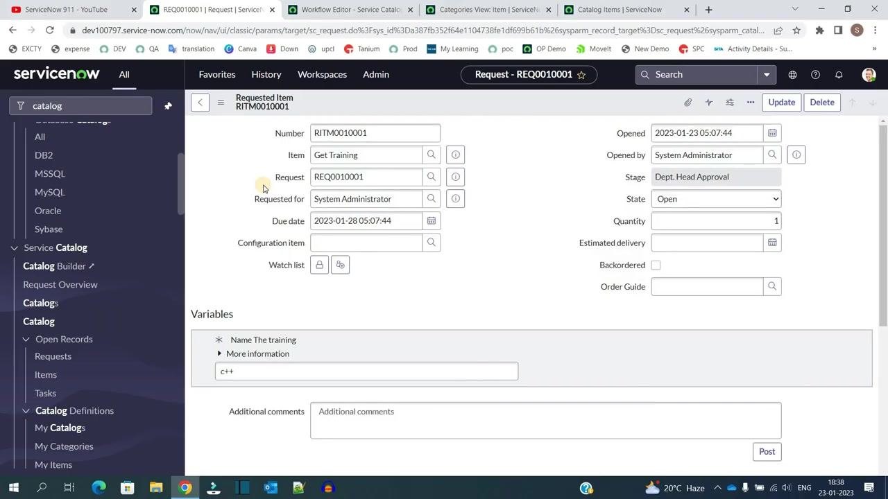 Requested Item (RITM) record showing item details, approval stage, state, and variable values.