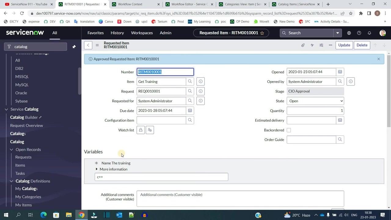 ServiceNow workflow diagram showing approval steps, catalog tasks, notifications, and process flow.